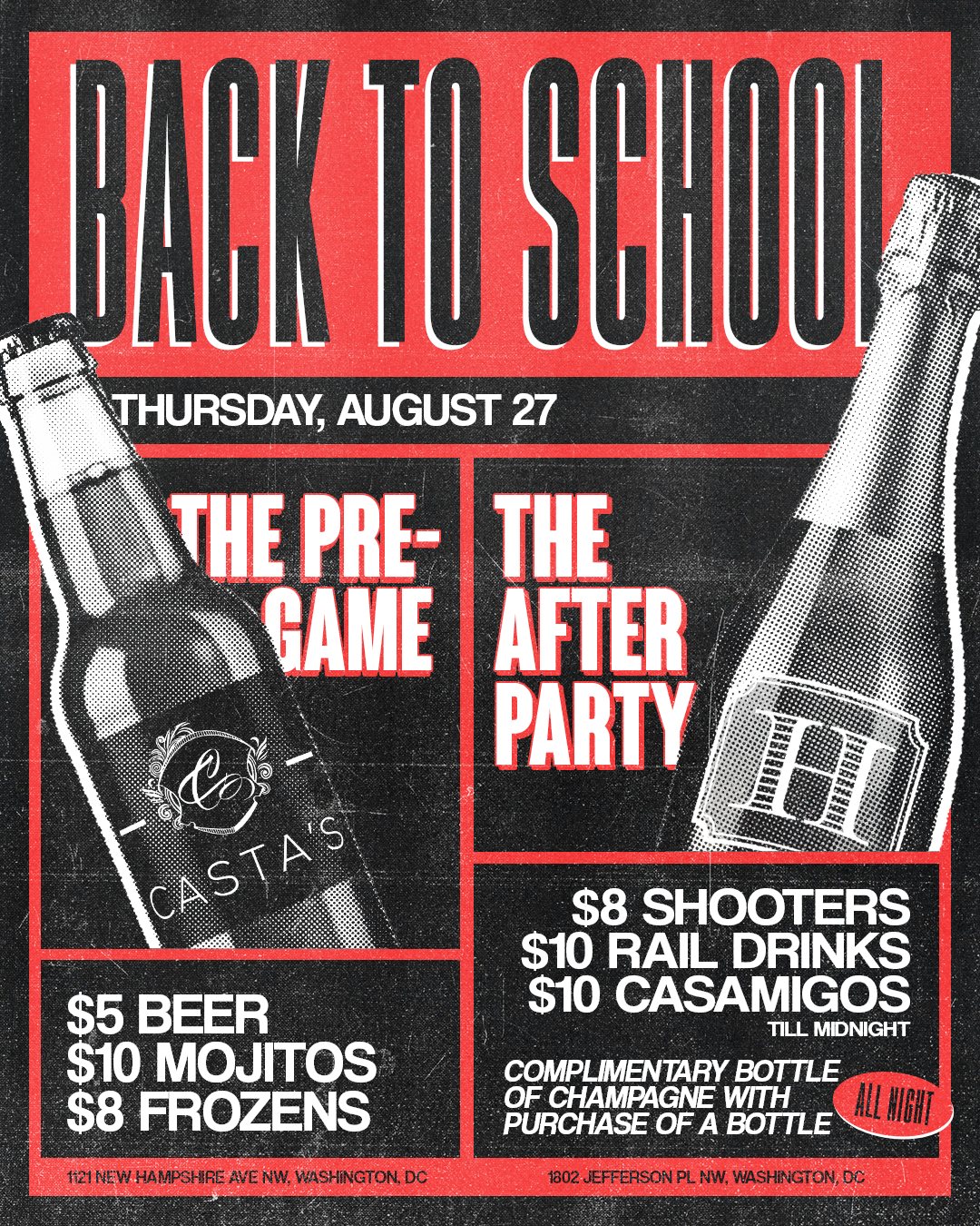 Back to School flyer, Thursday August 27: the pre-game at Casta's Rum Bar and the after party at Heist