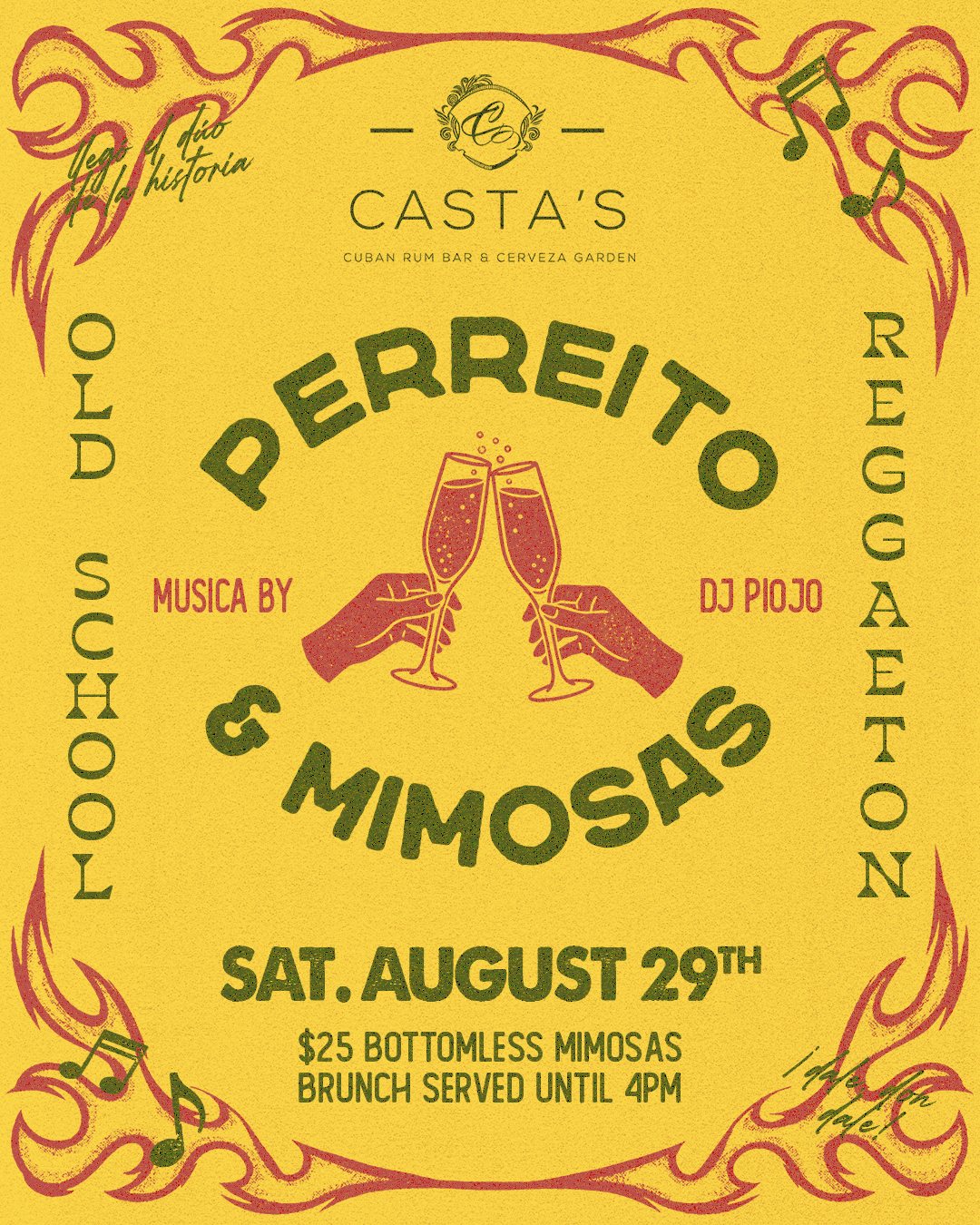 Perreito and Mimosas brunch at Casta's Rum Bar, Saturday August 29, old school reggaeton with DJ Piojo